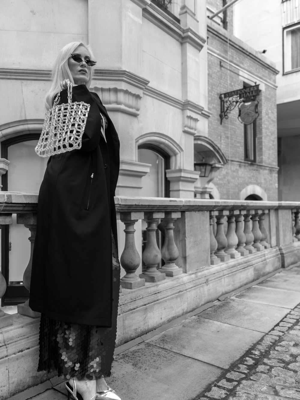 Black and white fashion portrait on a London street
