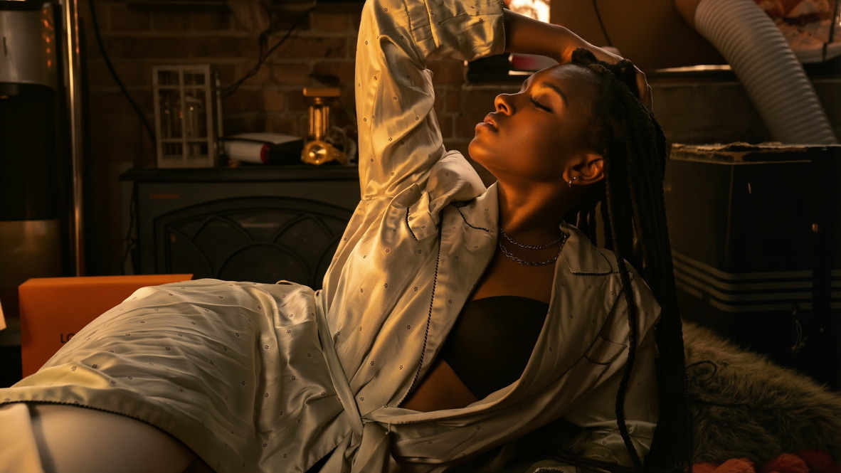 Reclining fashion portrait in patterned silk and warm window light